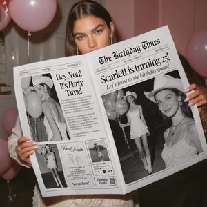 May include: A person holding a newspaper titled "The Birthday Times" with the headline "Scarlett is turning 25!" and party details. The newspaper features black and white photos and is surrounded by pink balloons.