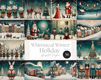 Whimsical Christmas Digital Paper, Retro Ephemera (56 JPG), Whimsy Wonderland, Pack 2