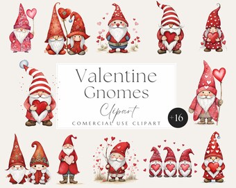 Valentine Gnomes clipart, Valentines Day Clipart, Gnomes PNG, Valentine Love PNG, Commercial Use, valentine&#39;s hearts scrapbook,