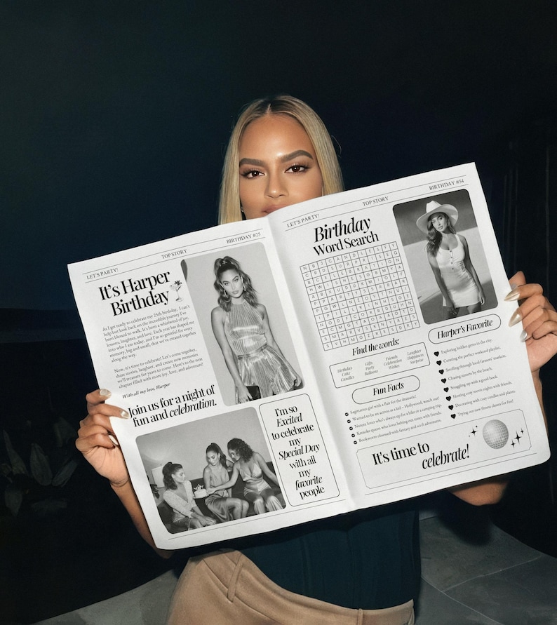 May include: A person holding a newspaper with the headline "It's Harper Birthday". The newspaper includes a word search puzzle, photos, and the text "Join us for a night of fun and celebration". The newspaper is themed for a birthday celebration.