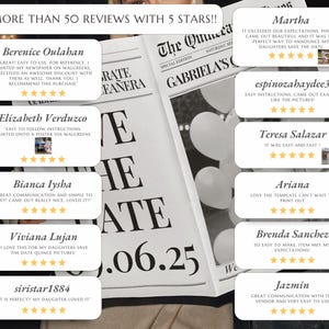 May include: A newspaper-style announcement with the headline "The Quince" and the date "06.25". The image includes customer reviews with 5-star ratings, praising ease of use and quality. The text "MORE THAN 50 REVIEWS WITH 5 STARS!!" is visible.
