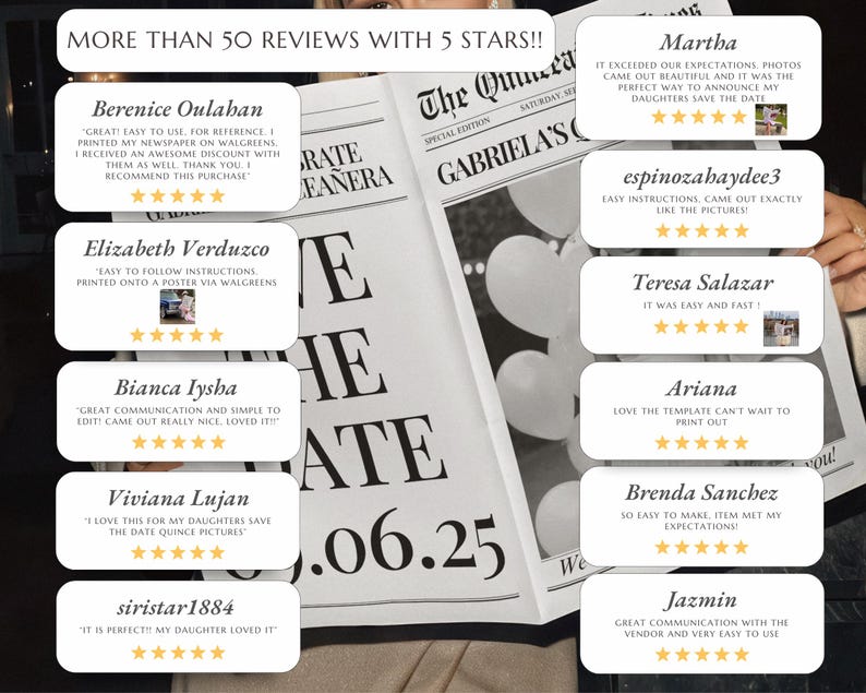 May include: A newspaper-style announcement with the headline "The Quince" and the date "06.25". The image includes customer reviews with 5-star ratings, praising ease of use and quality. The text "MORE THAN 50 REVIEWS WITH 5 STARS!!" is visible.