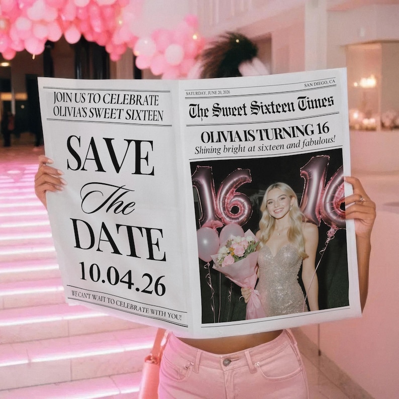 May include: A newspaper-style announcement for Olivia's Sweet Sixteen birthday celebration. The headline reads "The Sweet Sixteen Times" with the date and location. The announcement includes the text "Save The Date" and a photo of Olivia.