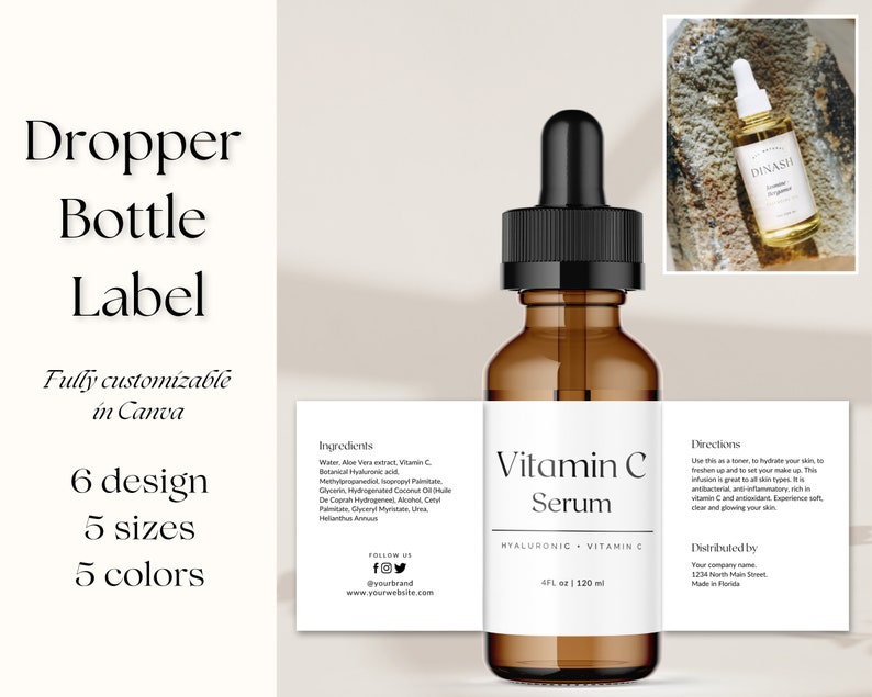 May include: A brown glass dropper bottle with a white label that says "Vitamin C Serum" and lists the ingredients and directions for use. The label also includes the text "HYALURONIC - VITAMIN C" and "4fl oz | 120 ml".