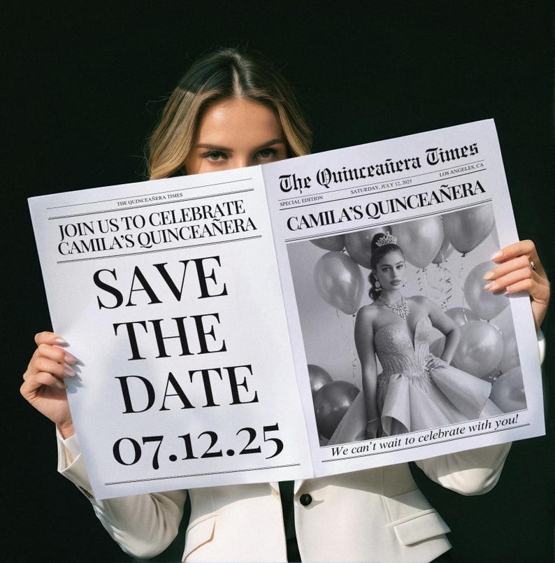May include: A black and white newspaper announcing Camila's Quincea&ntilde;era. The headline reads "Join us to celebrate Camila's Quincea&ntilde;era" with "Save the Date 07.12.25" below. The newspaper features a photo of Camila in a formal gown.