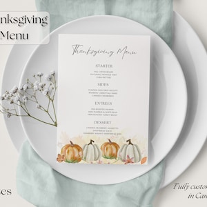 Thanksgiving Menu Card Template, Printable Editable Holiday, Wedding ...