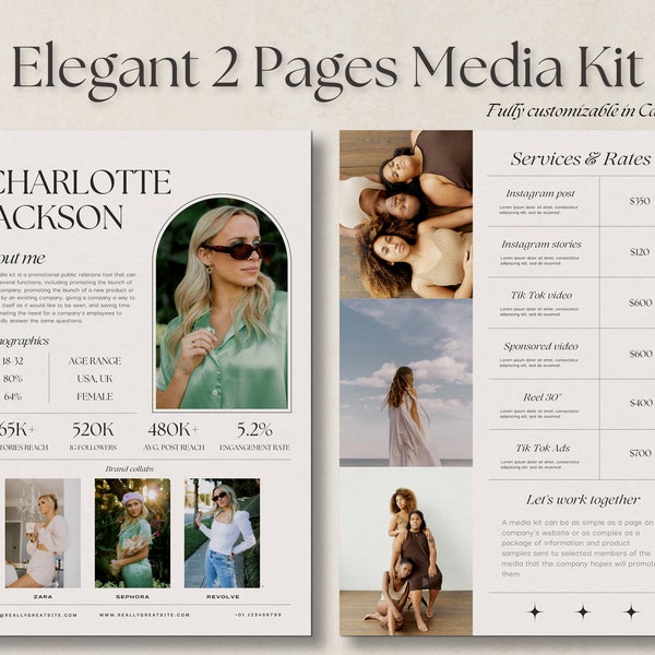 Elegant 2 Pages Media Kit Template, Influencer Media Kit, UGC portfolio, Media Press Kit, Canva Template, Tik Tok Template, instagram