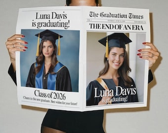 Graduation Newspaper Template, Senior Photoshoot, Party Invitation (Digital Download), Grad party 2026, 007