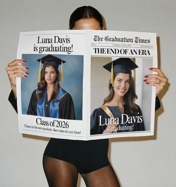 Graduation Newspaper Template, Senior Photoshoot, Party Invitation (Digital Download), Grad party 2026, 007