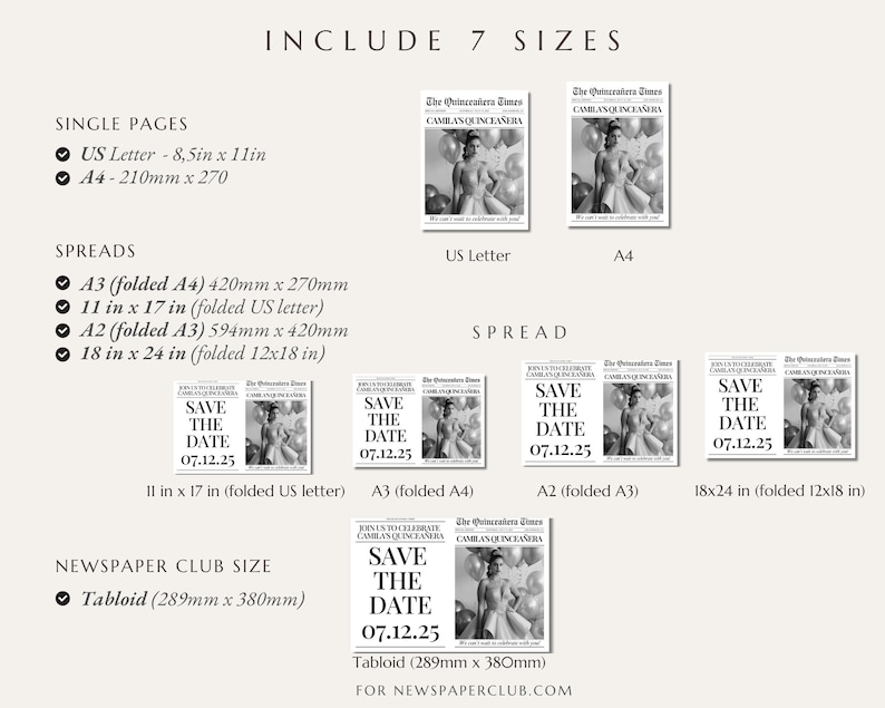 May include: A layout showcasing various sizes of a newspaper-style invitation for a Quincea&ntilde;era. The design features a black and white photo of a woman with balloons, with the text "The Quincea&ntilde;era Times" and "Save the Date 07.12.25". Sizes include US Letter, A4, and tabloid.