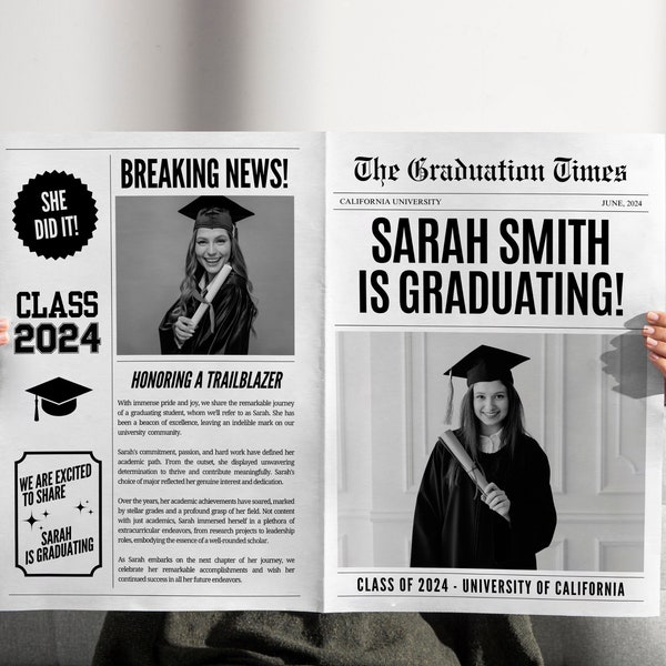 Graduation Newspaper Template, Newspaper Graduation Announcement, Editable Newspaper Graduate, invitation graduate, Grad party decor, 001