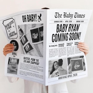 Large Newspaper Baby Announcement Template, Customizable Pregnancy Reveal (Canva), Baby Shower Invitation Program, 001