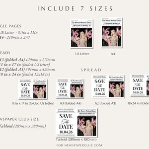May include: A digital print design with a newspaper theme, announcing "Olivia is Turning 16." The design is available in multiple sizes, including A4 (210mm x 297mm) and tabloid (289mm x 380mm), with the text "Save the Date 10.04.26."