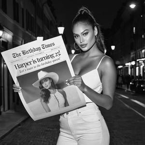 May include: Black and white image of a newspaper titled "The Birthday Times" with the headline "Harper is turning 25!". The newspaper is held by a person wearing a white top and jeans. The background is a city street at night.