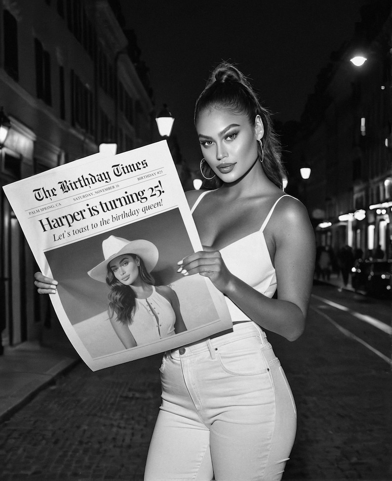 May include: Black and white image of a newspaper titled "The Birthday Times" with the headline "Harper is turning 25!". The newspaper is held by a person wearing a white top and jeans. The background is a city street at night.