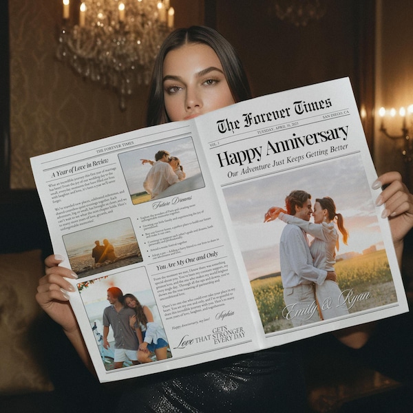 Paar Jahrestag Zeitungsvorlage, 1.Jahresgeschenk (Canva Digital Download) Geschenke für Freund, 01