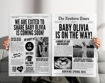 Large newspaper baby announcement, Pregnancy announcement newspaper, baby announcement newspaper, Newspaper baby shower, canva newspaper,005
