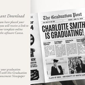 K&ouml;nnte beinhalten: Eine Abschlussanzeige-Zeitung mit der &Uuml;berschrift "CHARLOTTE SMITH IS GRADUATING!" in fetter, schwarzer Schrift. Die Zeitung enth&auml;lt Text und Fotos, mit der Klasse 2024 der University of North Carolina unten. Die Zeitung wird von einer Person gehalten.
