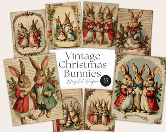 Vintage Christmas Bunnies Digital Paper, Junk Journal (35 JPG),  Retro Holidays Bunny,  Journal Pages