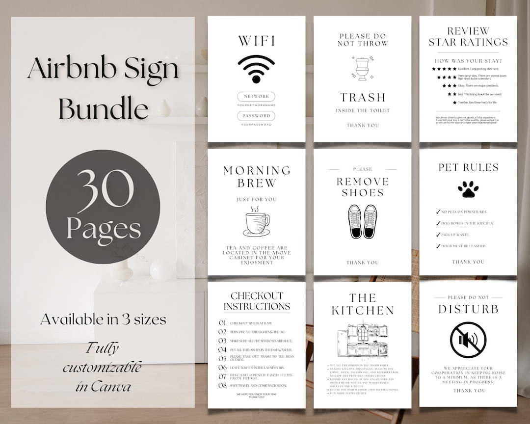 Airbnb Sign Bundle Template, Airbnb Welcome Sign, Airbnb Host, Wifi ...