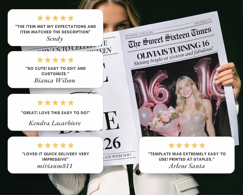 Sweet Sixteen Newspaper Save the Date Template (Canva Editable), Invitation for Sixteen Photoshoot, 01 image 6