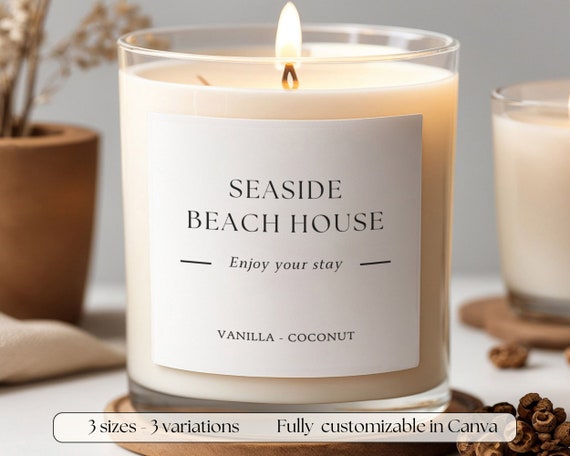 Minimalist Candle Label Template, Airbnb Host Gift for guest (Canva), vacation rental design