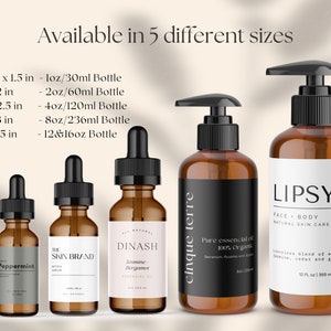 May include: Five amber glass bottles with different sizes and labels. The bottles are filled with liquid and have black caps. The bottles are arranged in a row from smallest to largest. The labels include the text "Peppermint", "The Skin Brand", "Dinash Jasmine Bergamot Essential Oil", "Cinque Terre Pure Essential Oil 100% Organic", and "Lipsy Face Body Natural Skin Care". The bottles are available in five different sizes: 1 oz/30 ml, 2 oz/60 ml, 4 oz/120 ml, 8 oz/236 ml, and 12 & 16 oz.