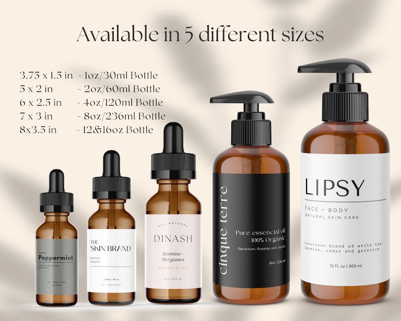 May include: Five amber glass bottles with different sizes and labels. The bottles are filled with liquid and have black caps. The bottles are arranged in a row from smallest to largest. The labels include the text "Peppermint", "The Skin Brand", "Dinash Jasmine Bergamot Essential Oil", "Cinque Terre Pure Essential Oil 100% Organic", and "Lipsy Face Body Natural Skin Care". The bottles are available in five different sizes: 1 oz/30 ml, 2 oz/60 ml, 4 oz/120 ml, 8 oz/236 ml, and 12 & 16 oz.