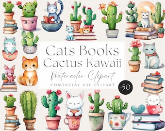 Cute Cats Books Cactus watercolor Clipart, kawaii cactus, Junk Journals, Goodnotes stickers, watercolor bundle,Whimsical cats, cat lovers