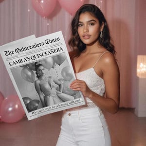 May include: A woman holding a newspaper titled "The Quincea&ntilde;era Times" with the headline "Camila's Quincea&ntilde;era." The newspaper features a black and white photo of a woman in a formal gown. The woman is wearing a white sequined top and white jeans.