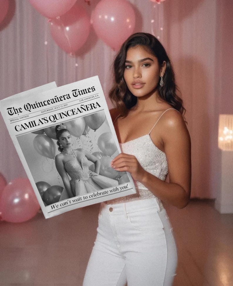 May include: A woman holding a newspaper titled "The Quincea&ntilde;era Times" with the headline "Camila's Quincea&ntilde;era." The newspaper features a black and white photo of a woman in a formal gown. The woman is wearing a white sequined top and white jeans.