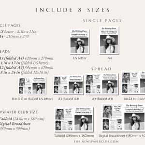 May include: A beige graphic with text and images of newspaper pages. The text includes "INCLUDE 8 SIZES" and size details for single pages, spreads, and newspaper club sizes. The newspaper pages feature a woman in a hat.