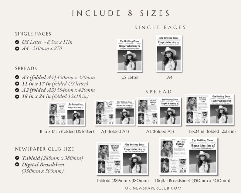 May include: A beige graphic with text and images of newspaper pages. The text includes "INCLUDE 8 SIZES" and size details for single pages, spreads, and newspaper club sizes. The newspaper pages feature a woman in a hat.