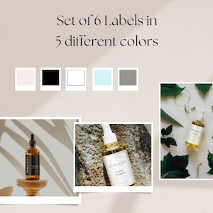 May include: Set of 6 labels in 5 different colors. The labels are white with black text and are on bottles of essential oil. The bottles are amber glass with a dropper.