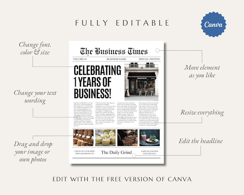 Custom Business Announcement Newspaper Template (Canva), Celebrating years brand, News For Branding Photoshoot, 001 image 7