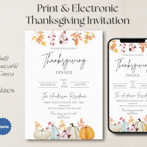 Thanksgiving Electronic Invitation, Printable Thanksgiving invitation, Digital Thanksgiving Dinner Invite, Watercolor Thanksgiving E-vite