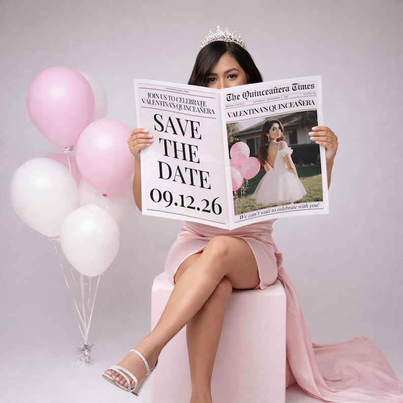 May include: A woman wearing a tiara and a pink dress holds a newspaper with the headline "SAVE THE DATE 09.12.26" for Valentina's Quincea&ntilde;era. Pink and white balloons are to the left. The newspaper has a photo of a woman in a white dress.