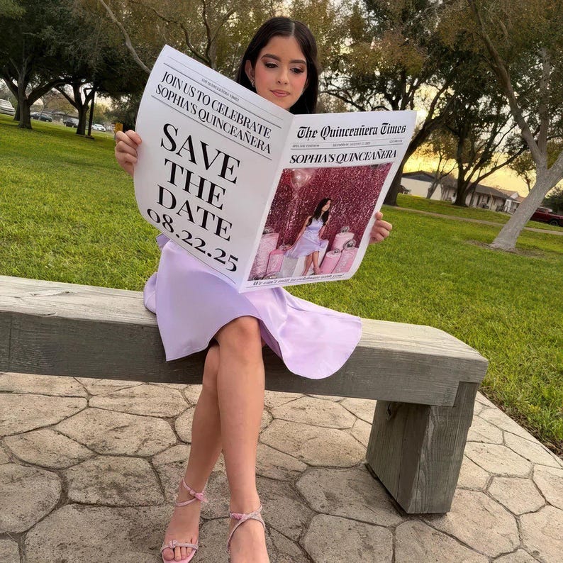 May include: A young person sits on a wooden bench, holding a newspaper titled "The Quincea&ntilde;era Times." The headline reads "Save the Date 08.22.25" for Sophia's Quincea&ntilde;era. The person wears a lavender dress and pink sandals.