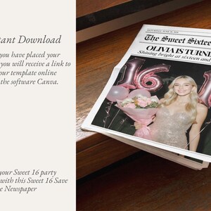 May include: A stack of Sweet Sixteen party invitations with a newspaper design. The image shows a young woman, pink balloons, and the headline "Olivia is Turning 16." The text reads "Shining bright at sixteen and fabulous!"