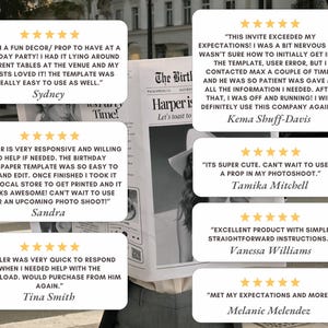 May include: A person holding a newspaper with the headline "The Birthday Newspaper". The newspaper has customer reviews with 5-star ratings. The reviews mention the product's ease of use and suitability for photoshoots.