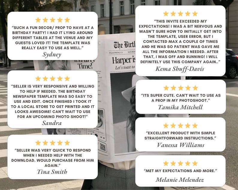 May include: A person holding a newspaper with the headline "The Birthday Newspaper". The newspaper has customer reviews with 5-star ratings. The reviews mention the product's ease of use and suitability for photoshoots.