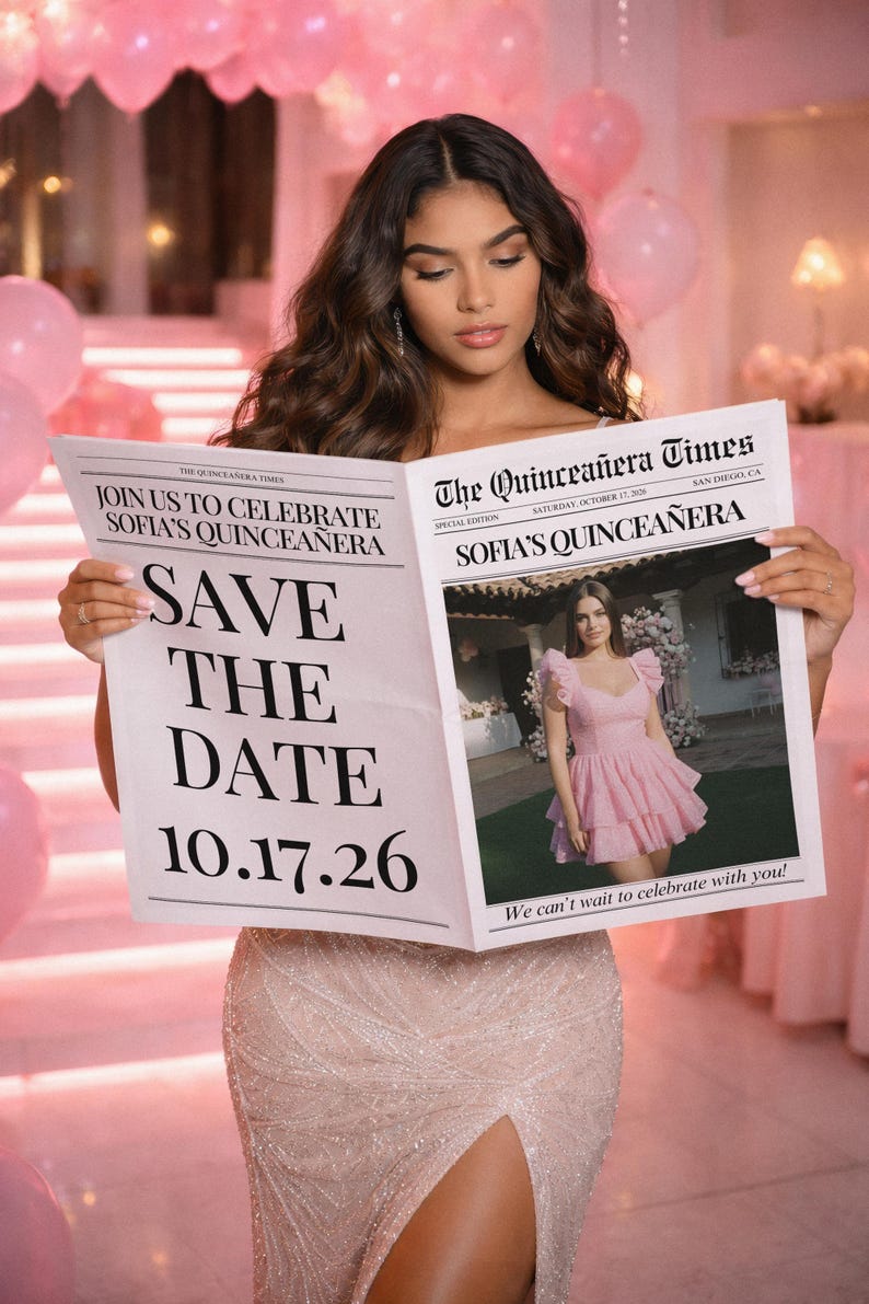 May include: A woman holds a newspaper titled "The Quincea&ntilde;era Times" with the headline "Join us to celebrate Sofia's Quincea&ntilde;era." The newspaper also says "Save the Date 10.17.26." The woman is wearing a sparkly dress.