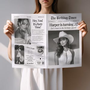 May include: A black and white newspaper-style birthday party invitation. The headline reads "Harper is turning 25!" with additional text and images. The invitation includes party details and a QR code.