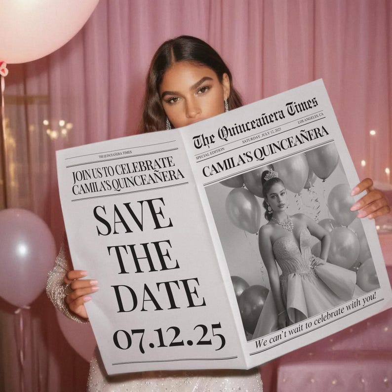May include: A newspaper-style announcement for Camila's Quincea&ntilde;era, featuring the headline "Save the Date" and the date 07.12.25. The image includes a black and white photo of Camila in a formal gown, with balloons in the background.