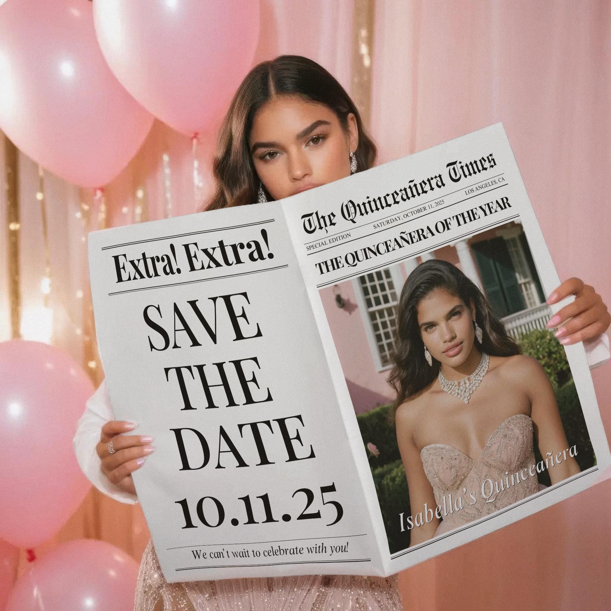 Quinceañera Save the Date Newspaper Template, Quinceañera Birthday Newspaper,Personalized Sweet 15 Announcement, Quinceañera photoshoot, 02