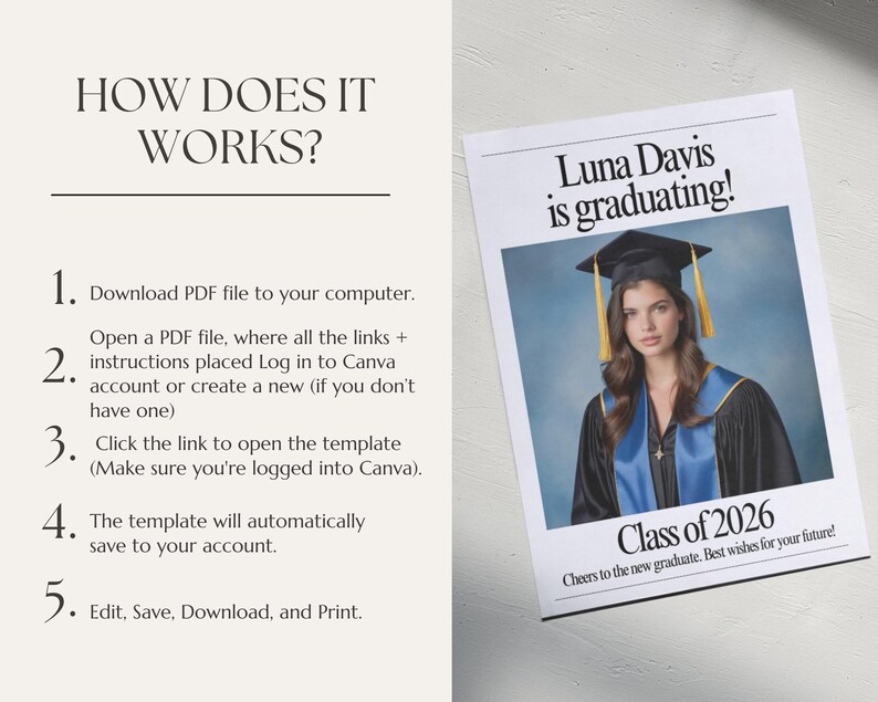 May include: A graduation announcement featuring a photo of a graduate in a cap and gown. The text reads "Luna Davis is graduating!" and "Class of 2026." Instructions on how to use the template are also included.