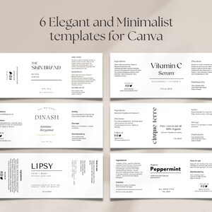 May include: Six minimalist product label templates for Canva. The labels are white with black text and feature product names like "Vitamin C Serum", "Jasmine Bergamot Essential Oil", and "Peppermint".