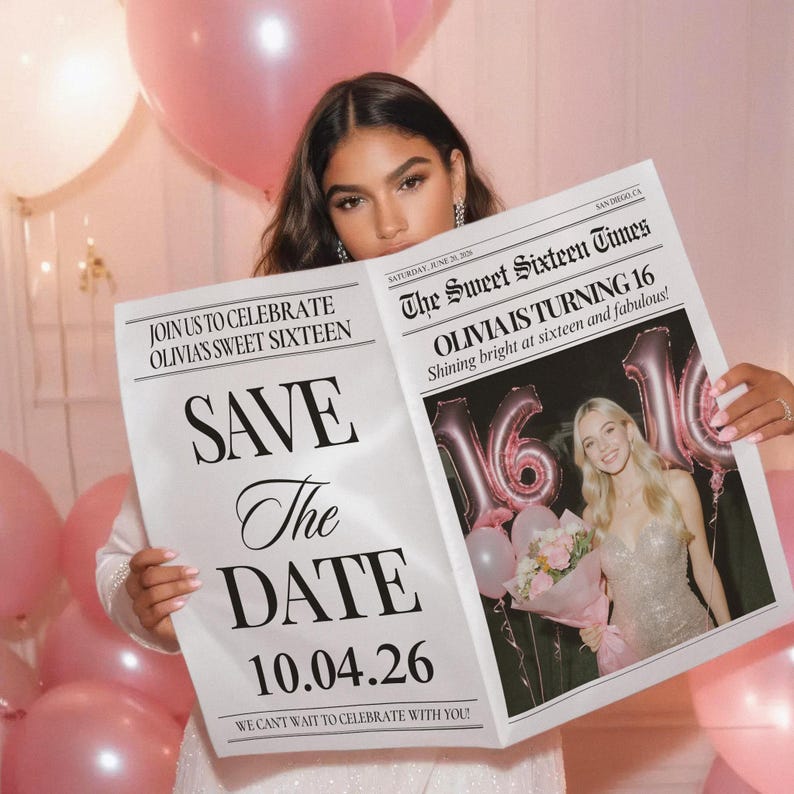 May include: A person holds a newspaper-style announcement for a Sweet Sixteen birthday. The headline reads "The Sweet Sixteen Times" with the name "Olivia" and the date "10.04.26". Pink balloons and a photo of the birthday person are also featured.