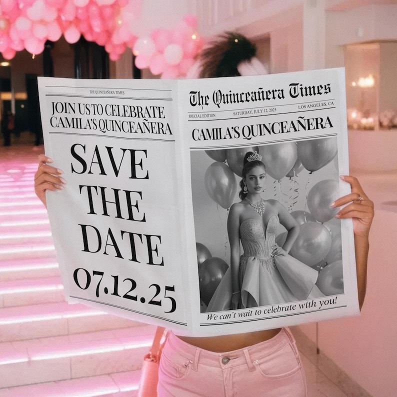 May include: A newspaper-style announcement for Camila's Quincea&ntilde;era, featuring a black and white photo of Camila in a formal gown. The headline reads "The Quincea&ntilde;era Times" with the date "07.12.25" and the text "Save the Date".