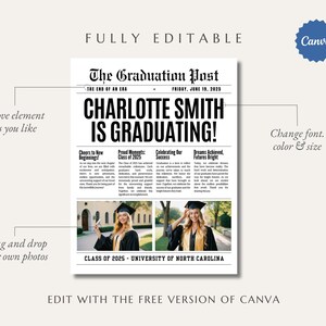 K&ouml;nnte beinhalten: Eine anpassbare Abschlussank&uuml;ndigung im Zeitungsstil mit der &Uuml;berschrift &bdquo;CHARLOTTE SMITH IS GRADUATING!&ldquo; vom 19. Juni 2025. Bietet Platz f&uuml;r Fotos und Text, mit dem Canva-Logo. Der Text lautet: &bdquo;EDIT WITH THE FREE VERSION OF CANVA&ldquo;.